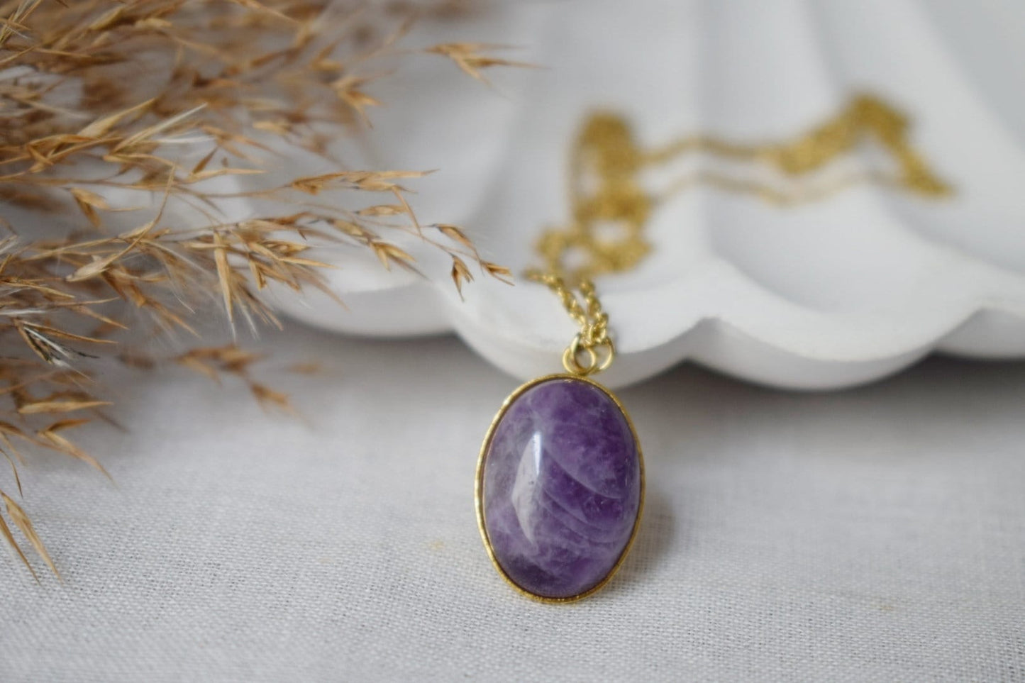 Amethyst pendant necklace gold for women, Oval, Gemstone, Purple stone, Amethyst, February birthstone, Handmade jewelry, Gift for her