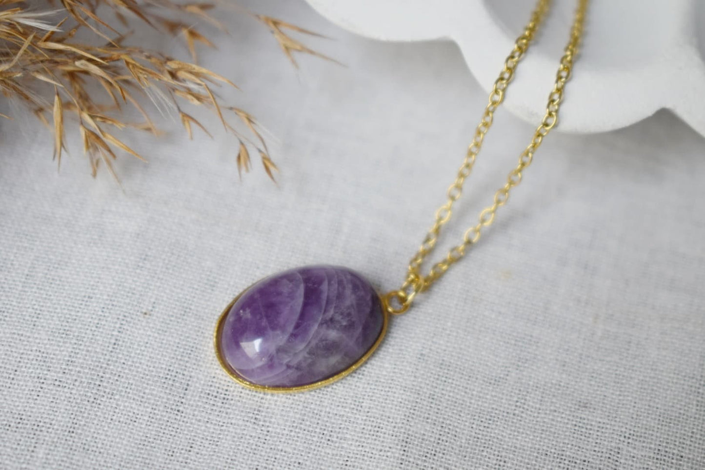 Amethyst pendant necklace gold for women, Oval, Gemstone, Purple stone, Amethyst, February birthstone, Handmade jewelry, Gift for her