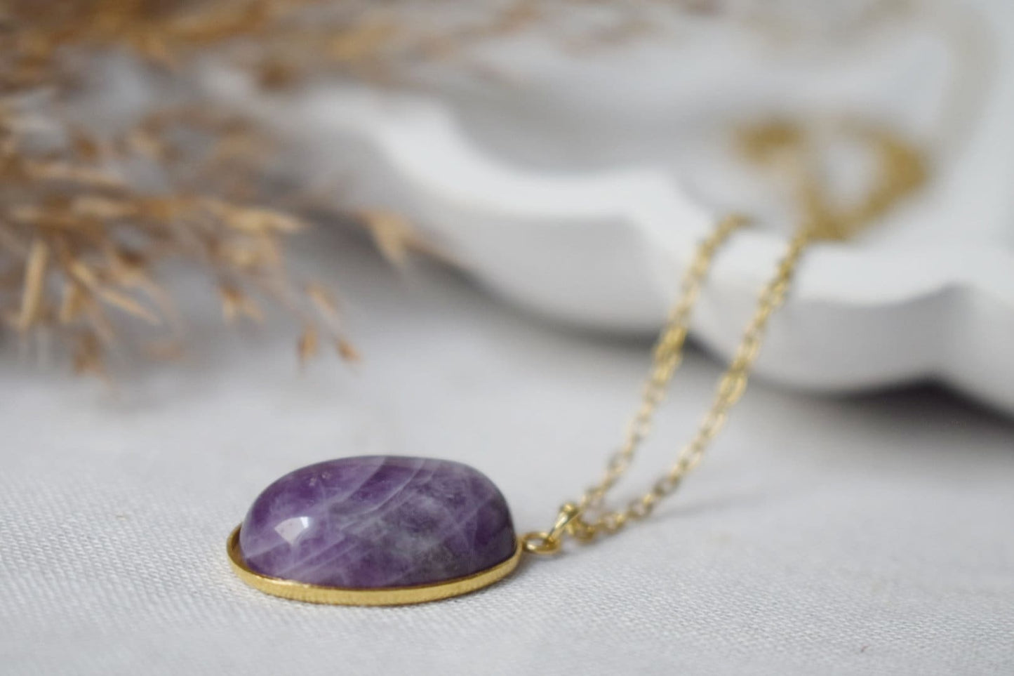 Amethyst pendant necklace gold for women, Oval, Gemstone, Purple stone, Amethyst, February birthstone, Handmade jewelry, Gift for her