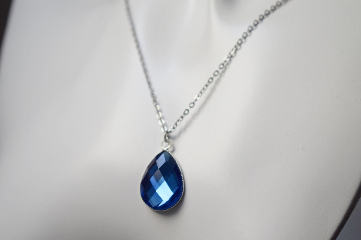 Blue teardrop glass necklace, Crystal glass drop pendant necklace for women, Stainless steel, Handmade jewelry, Gift for her