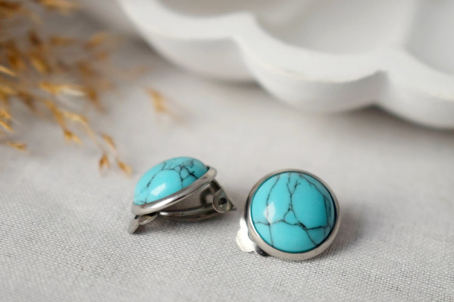 Clip on earrings turquoise, Blue gemstone ear clips for women, Surgical stainless steel non pierced earrings, Lightweight handmade jewelry