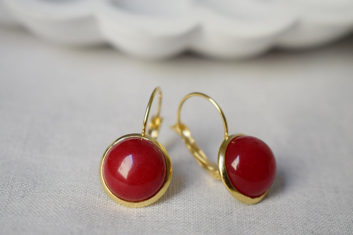 Red Jade Earrings Gold, 12mm Gemstone Dangle Earrings, Stone Hanging Earrings, Red Stone Lever Back Earrings, Jade Jewelry, Gift For Her