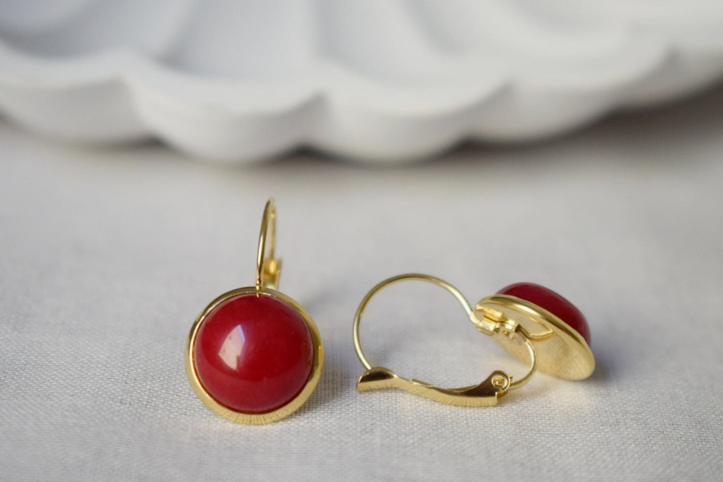 Red Jade Earrings Gold, 12mm Gemstone Dangle Earrings, Stone Hanging Earrings, Red Stone Lever Back Earrings, Jade Jewelry, Gift For Her