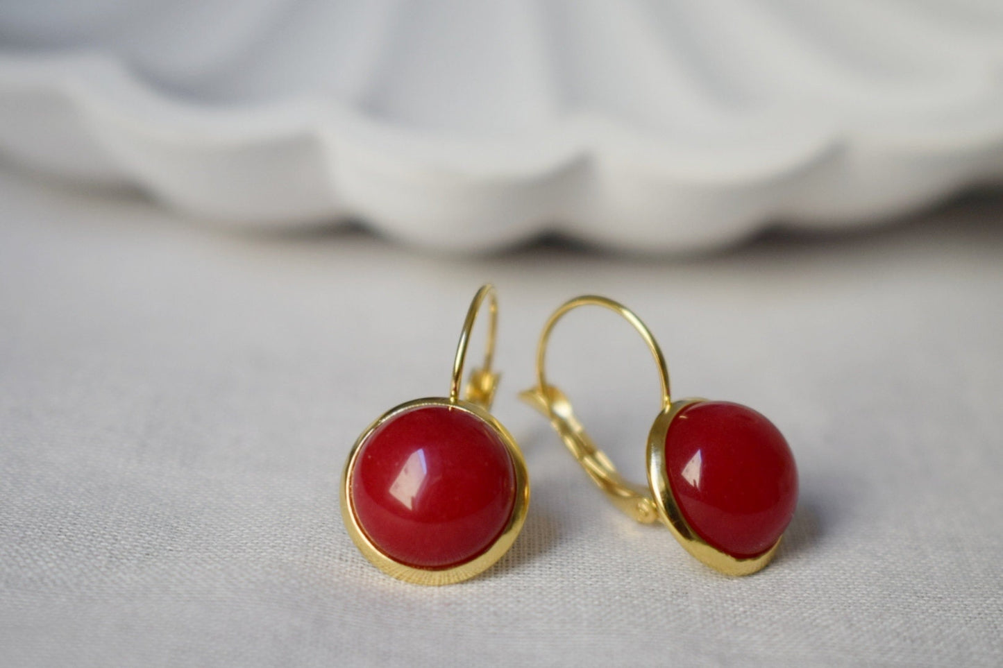 Red Jade Earrings Gold, 12mm Gemstone Dangle Earrings, Stone Hanging Earrings, Red Stone Lever Back Earrings, Jade Jewelry, Gift For Her