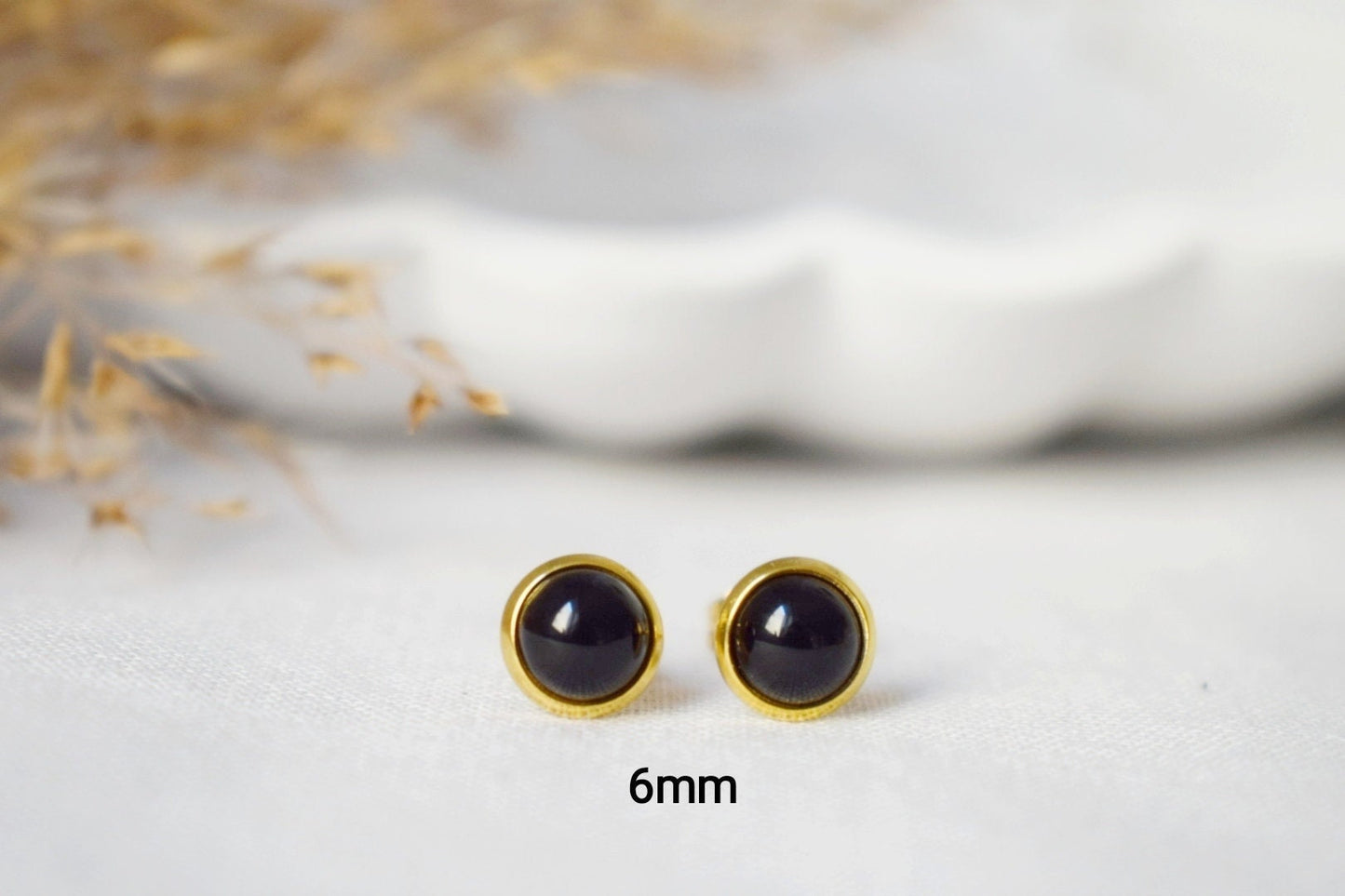 Mini Black Agate Stud Earrings Gold, 6mm Gemstone Round Earrings, Small, Minimalist, Jewelry Birthstone, Unisex Push Back Earrings, Gift