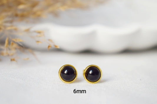 Mini Black Agate Stud Earrings Gold, 6mm Gemstone Round Earrings, Small, Minimalist, Jewelry Birthstone, Unisex Push Back Earrings, Gift