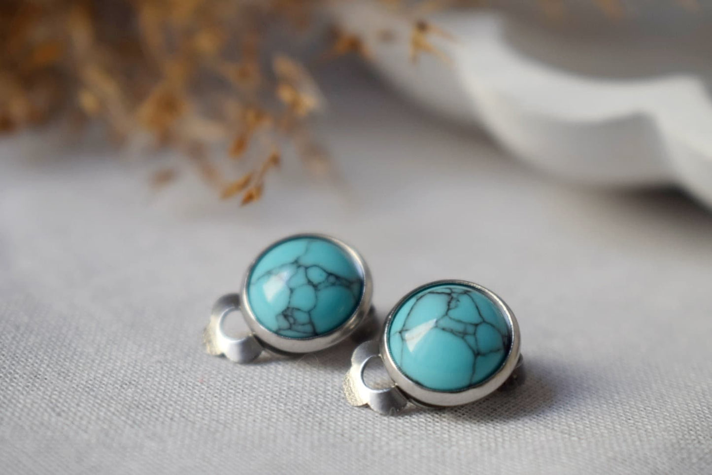 Clip on earrings turquoise, Blue gemstone ear clips for women, Surgical stainless steel non pierced earrings, Lightweight handmade jewelry