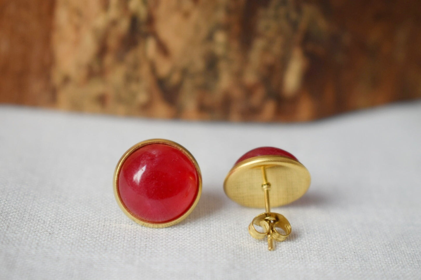 Red Jade Stud Earrings Gold, Gemstone Earrings, 12mm Red Stone Earrings, Red Studs, Jade Jewelry, Push-back, Birthday Anniversary Gift Her