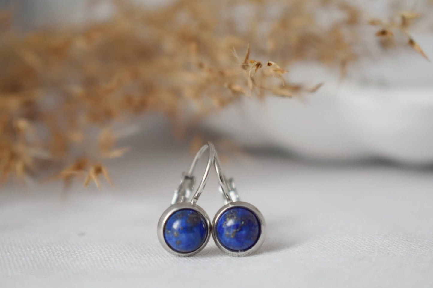 Small Blue Lapis Lazuli Earrings Dangle, Minimalist, Gemstone, Natural stone, Lever back, Round, 6mm, September Birthstone Jewelry, Gift her