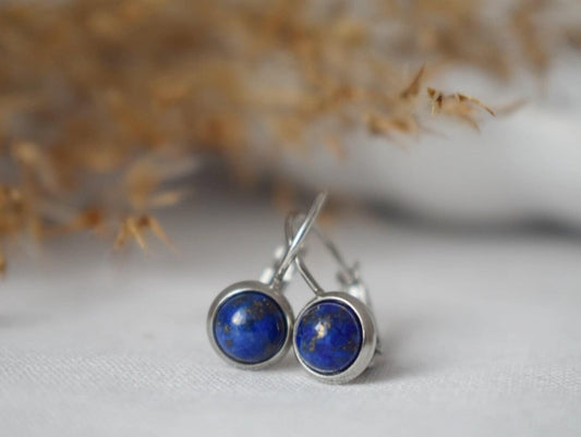 Small Blue Lapis Lazuli Earrings Dangle, Minimalist, Gemstone, Natural stone, Lever back, Round, 6mm, September Birthstone Jewelry, Gift her