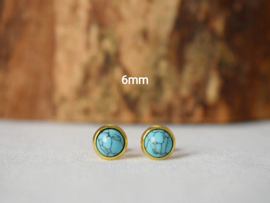 Mini turquoise stud earrings, 18k Gold plated 6mm earrings, Gemstone, Blue gold, Minimalist, Small, Post earrings for women, Gift Jewelry