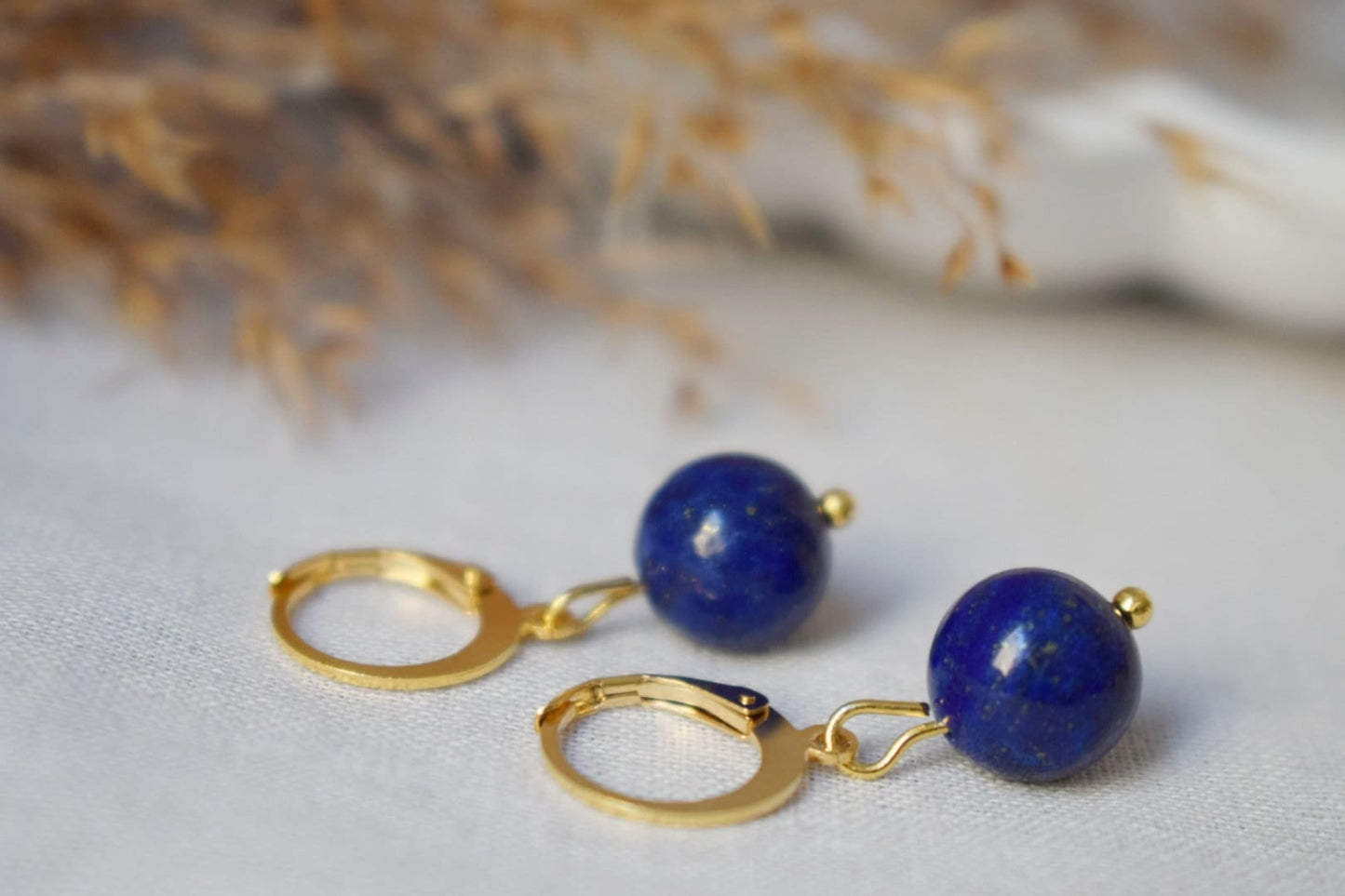 Lapis Lazuli Hoop Earrings, Gemstone Blue Gold Huggies, Blue Lapis, September Birthstone, Hanging Ball Stone Earrings, Jewelry Gift For Her