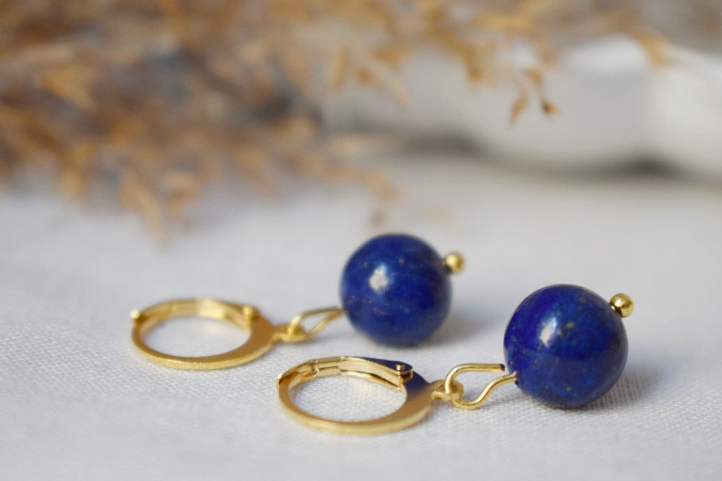 Lapis Lazuli Hoop Earrings, Gemstone Blue Gold Huggies, Blue Lapis, September Birthstone, Hanging Ball Stone Earrings, Jewelry Gift For Her