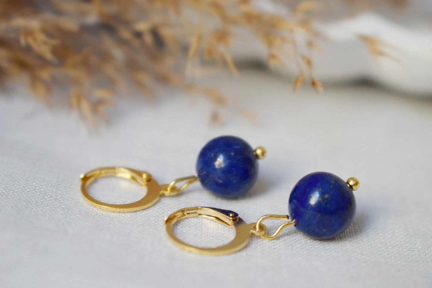 Lapis Lazuli Hoop Earrings, Gemstone Blue Gold Huggies, Blue Lapis, September Birthstone, Hanging Ball Stone Earrings, Jewelry Gift For Her