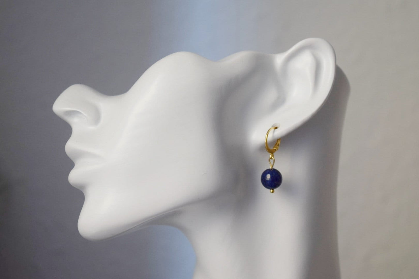 Lapis Lazuli Hoop Earrings, Gemstone Blue Gold Huggies, Blue Lapis, September Birthstone, Hanging Ball Stone Earrings, Jewelry Gift For Her