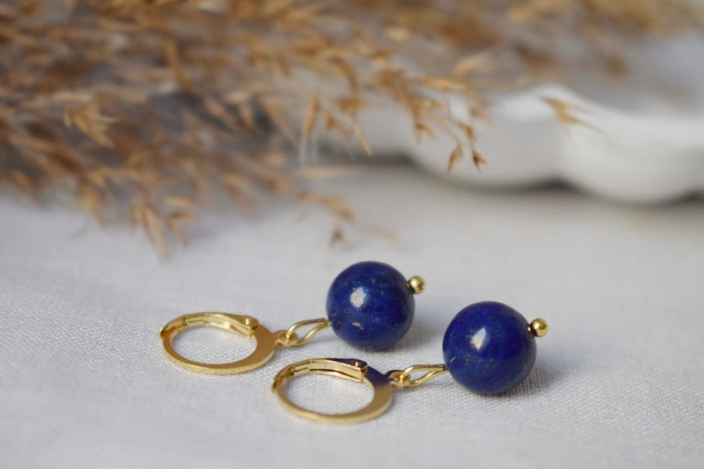 Lapis Lazuli Hoop Earrings, Gemstone Blue Gold Huggies, Blue Lapis, September Birthstone, Hanging Ball Stone Earrings, Jewelry Gift For Her