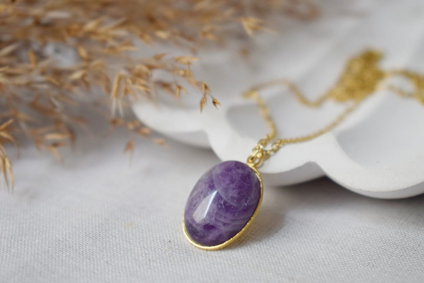 Amethyst pendant necklace gold for women, Oval, Gemstone, Purple stone, Amethyst, February birthstone, Handmade jewelry, Gift for her