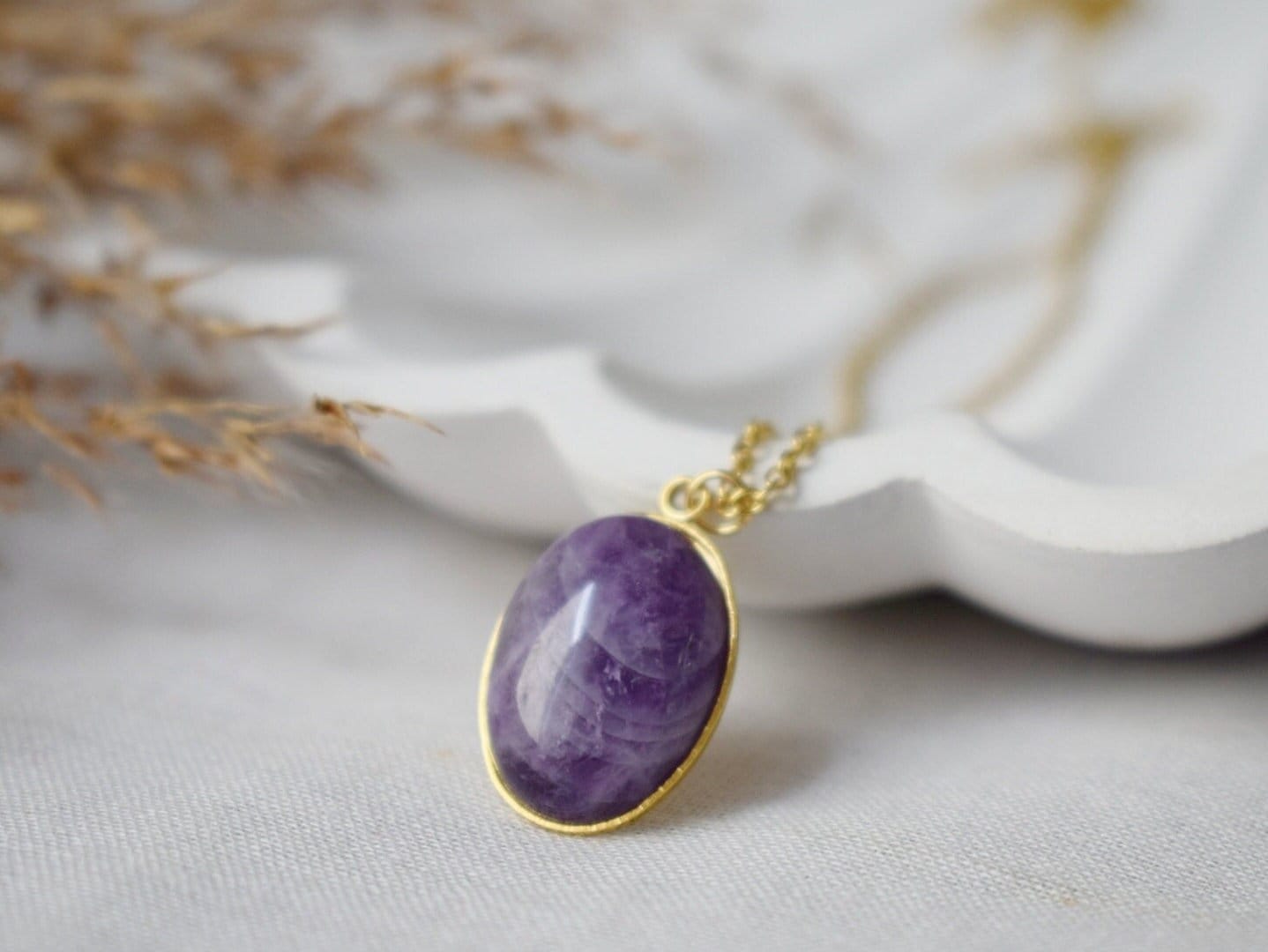 Amethyst pendant necklace gold for women, Oval, Gemstone, Purple stone, Amethyst, February birthstone, Handmade jewelry, Gift for her
