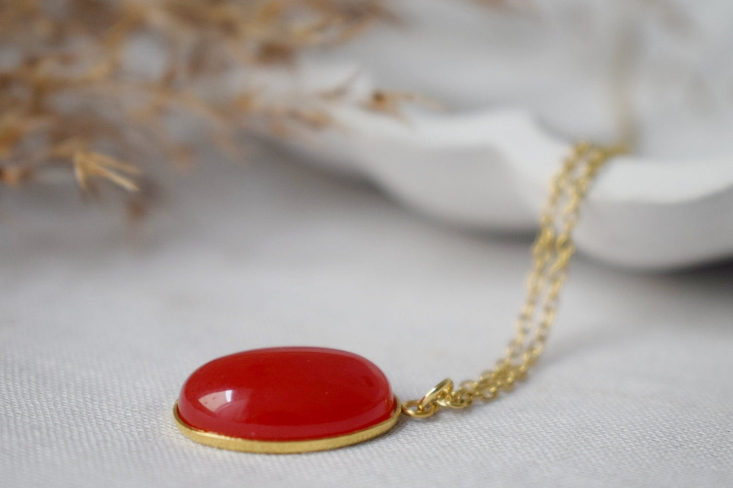 Red jade pendant necklace gold for women, Oval gemstone red necklace, Red stone necklace, Red gold, Jade jewelry, Handmade gift for her