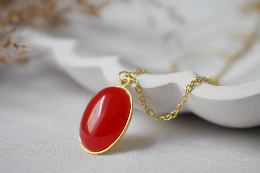 Red jade pendant necklace gold for women, Oval gemstone red necklace, Red stone necklace, Red gold, Jade jewelry, Handmade gift for her