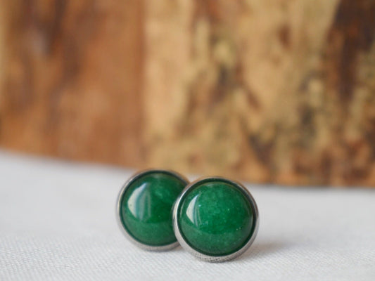 Green Jade Stud Earrings Silver, Minimalist, 8mm, 10mm, Positive Jewelry, Gemstone, Stud Earrings, Round, Birthday Anniversary Gift For Her
