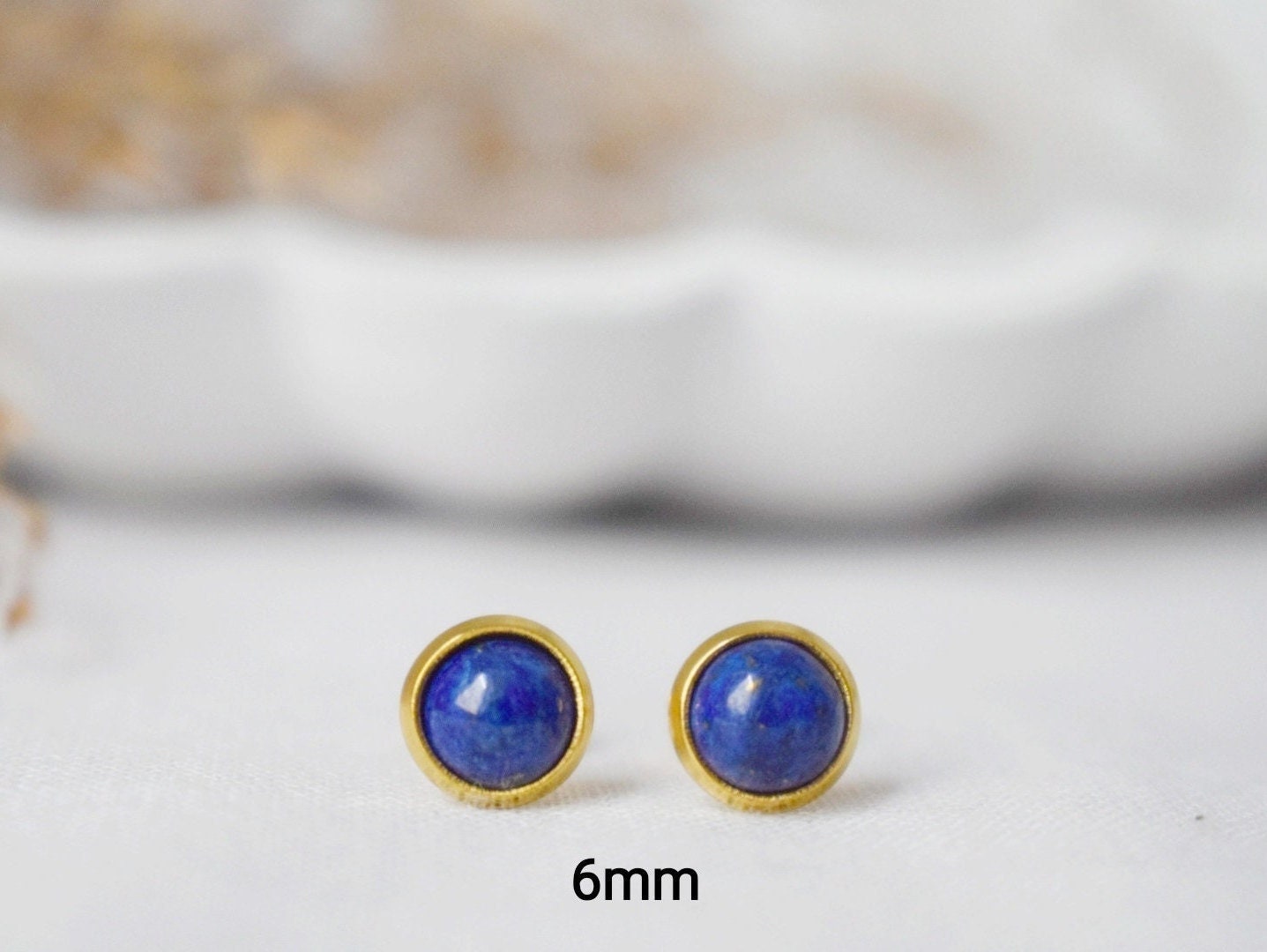 Mini Lapis Stud Earrings Gold, 6mm, Small Blue Lapis Lazuli Earrings, Round, Minimalist, Handmade Lapis Lazuli Jewelry, September Birthstone