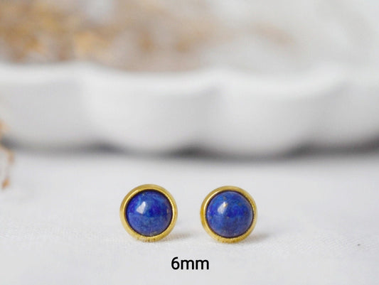 Mini Lapis Stud Earrings Gold, 6mm, Small Blue Lapis Lazuli Earrings, Round, Minimalist, Handmade Lapis Lazuli Jewelry, September Birthstone