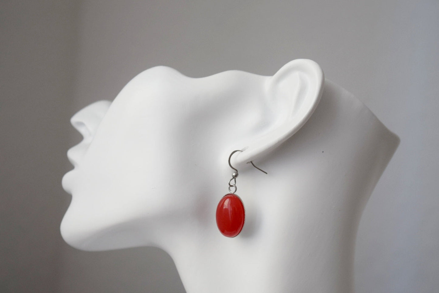 Red jade earrings, Gemstone dangle earrings, Oval pendant, Red stone, Statement hanging earrings, Stainless steel, Jewelry Gift for her