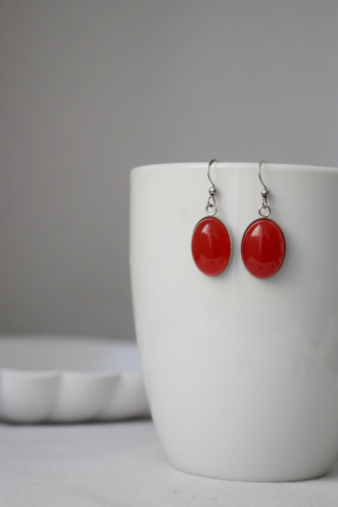 Red jade earrings, Gemstone dangle earrings, Oval pendant, Red stone, Statement hanging earrings, Stainless steel, Jewelry Gift for her