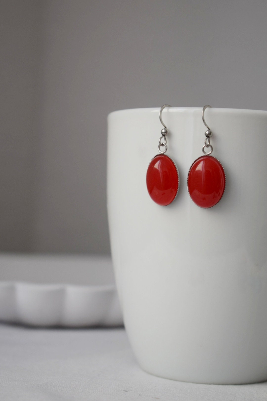 Red jade earrings, Gemstone dangle earrings, Oval pendant, Red stone, Statement hanging earrings, Stainless steel, Jewelry Gift for her