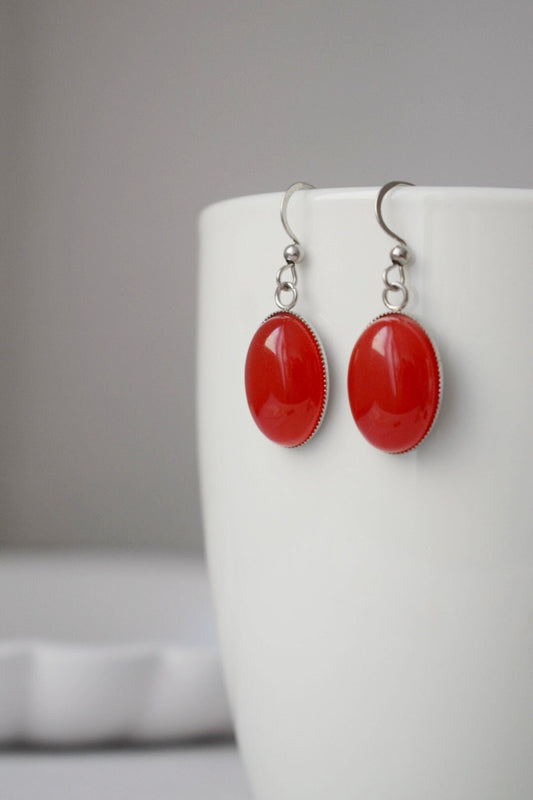 Red jade earrings, Gemstone dangle earrings, Oval pendant, Red stone, Statement hanging earrings, Stainless steel, Jewelry Gift for her