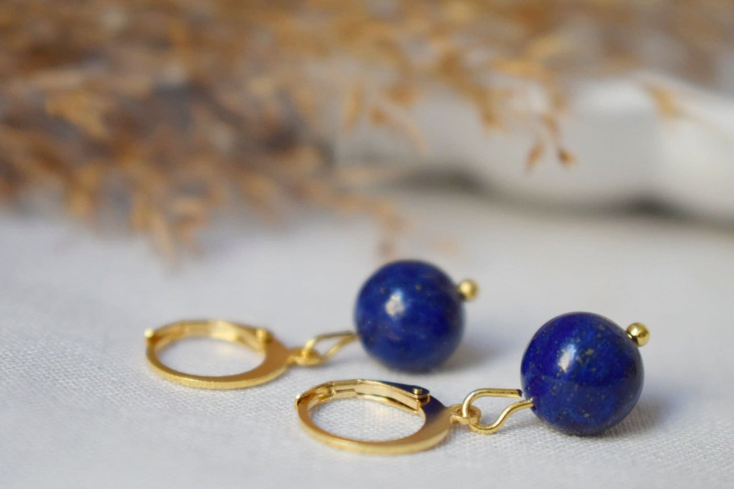 Lapis Lazuli Hoop Earrings, Gemstone Blue Gold Huggies, Blue Lapis, September Birthstone, Hanging Ball Stone Earrings, Jewelry Gift For Her