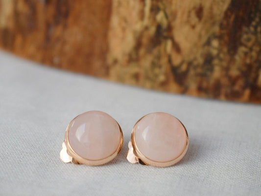 Rose gold clip on earrings rose quartz for women, Gemstone, Non pierced earrings, Pink stone, Stainless steel, Rose Quartz jewelry