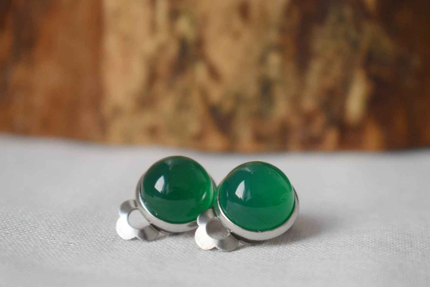 Small clip on earrings green agate, Gemstone non pierced ear clips, Surgical stainless steel, Stone no hole earrings, Handmade jewelry gift