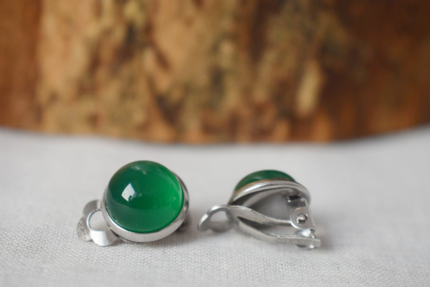 Small clip on earrings green agate, Gemstone non pierced ear clips, Surgical stainless steel, Stone no hole earrings, Handmade jewelry gift