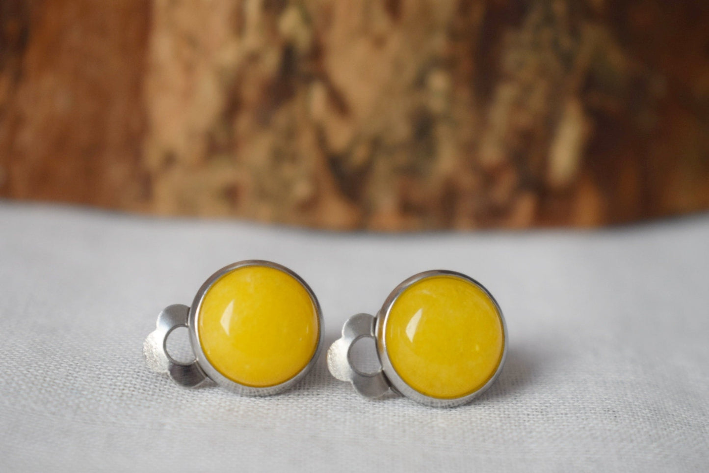 Small yellow jade clip on earrings, Gemstone non pierced earrings for women, No hole surgical stainless steel earrings, Minimalist jewelry