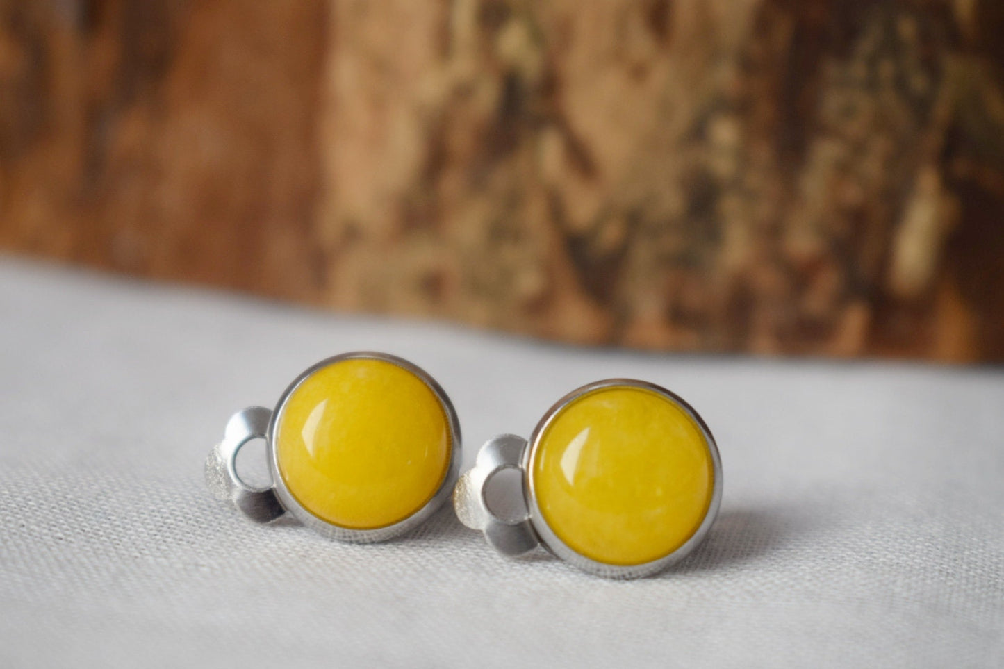 Small yellow jade clip on earrings, Gemstone non pierced earrings for women, No hole surgical stainless steel earrings, Minimalist jewelry