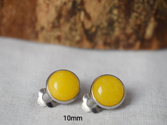 Small yellow jade clip on earrings, Gemstone non pierced earrings for women, No hole surgical stainless steel earrings, Minimalist jewelry
