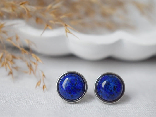 Lapis lazuli stud earrings, Gemstone earrings silver, Dark blue stone, Stainless steel, September Birthstone, Lapis jewelry, Gift for her