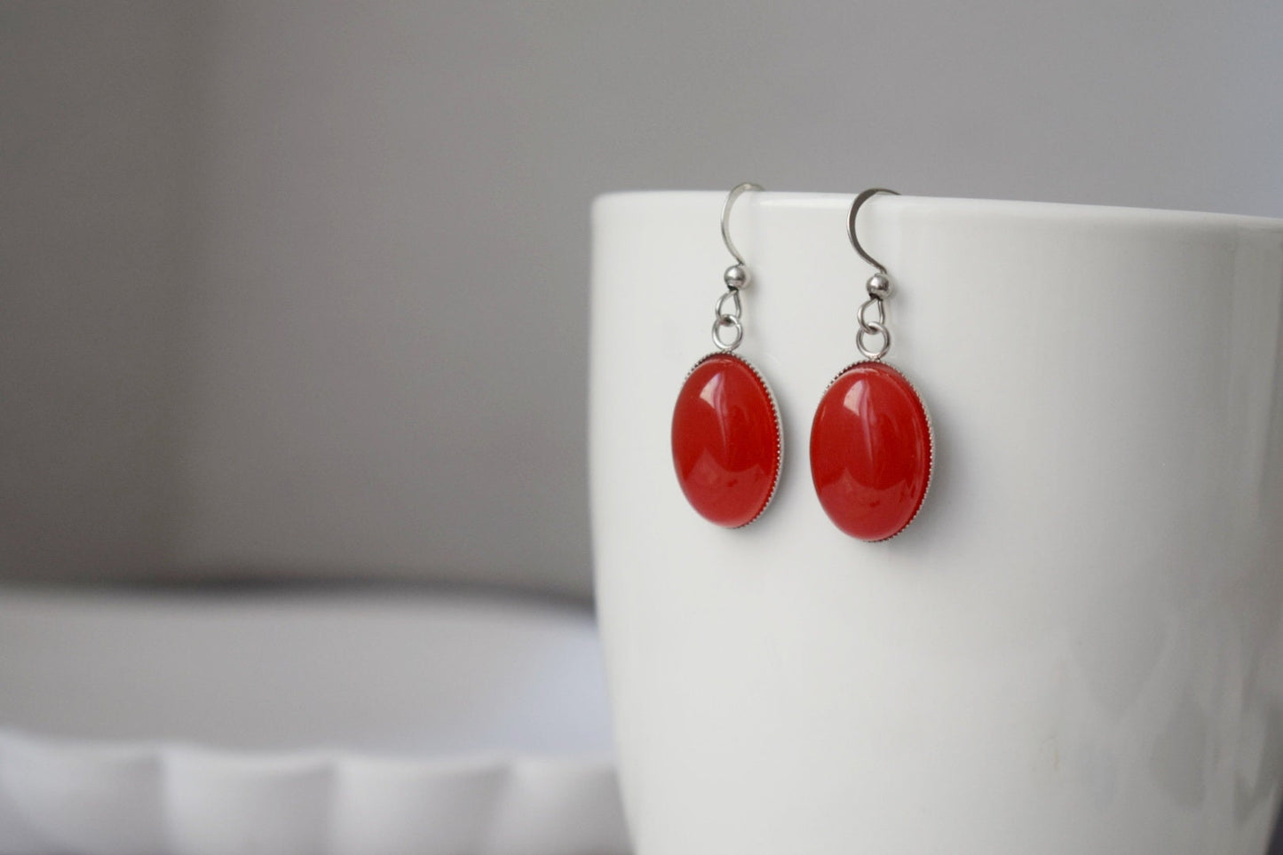 Red jade earrings, Gemstone dangle earrings, Oval pendant, Red stone, Statement hanging earrings, Stainless steel, Jewelry Gift for her