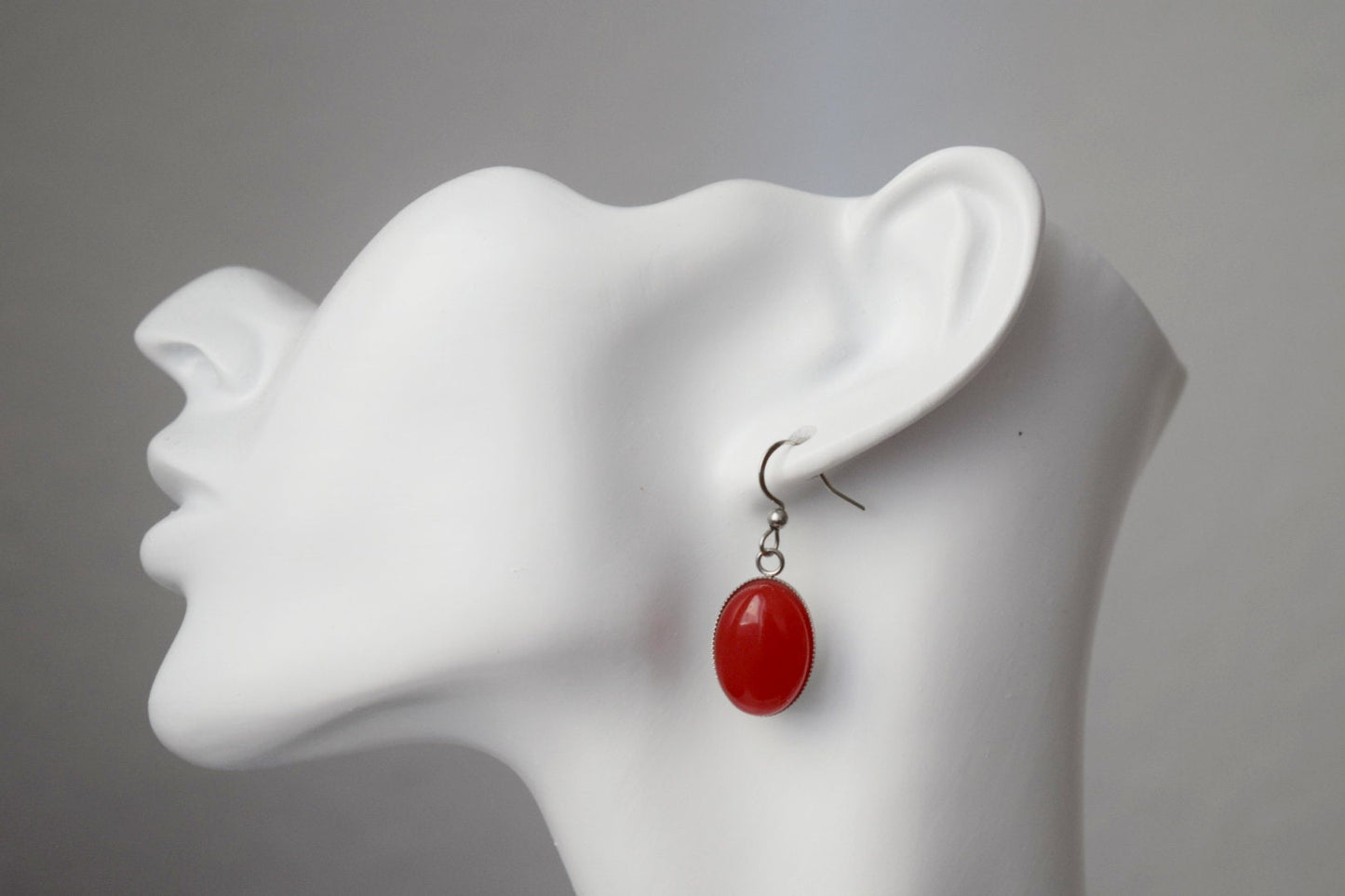 Red jade earrings, Gemstone dangle earrings, Oval pendant, Red stone, Statement hanging earrings, Stainless steel, Jewelry Gift for her