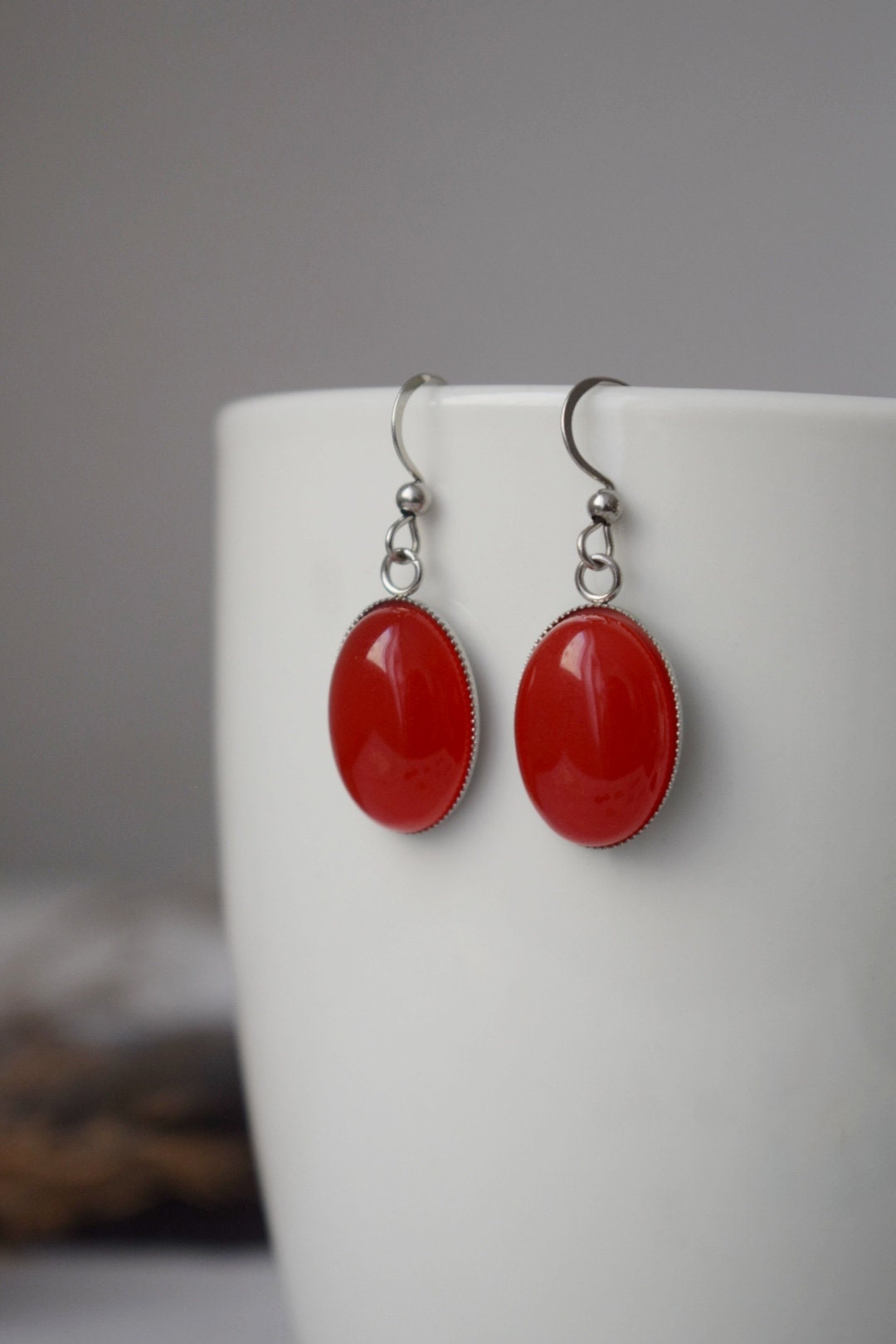 Red jade earrings, Gemstone dangle earrings, Oval pendant, Red stone, Statement hanging earrings, Stainless steel, Jewelry Gift for her