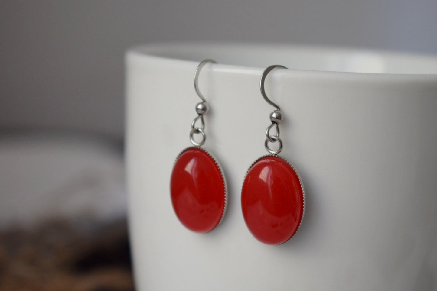 Red jade earrings, Gemstone dangle earrings, Oval pendant, Red stone, Statement hanging earrings, Stainless steel, Jewelry Gift for her