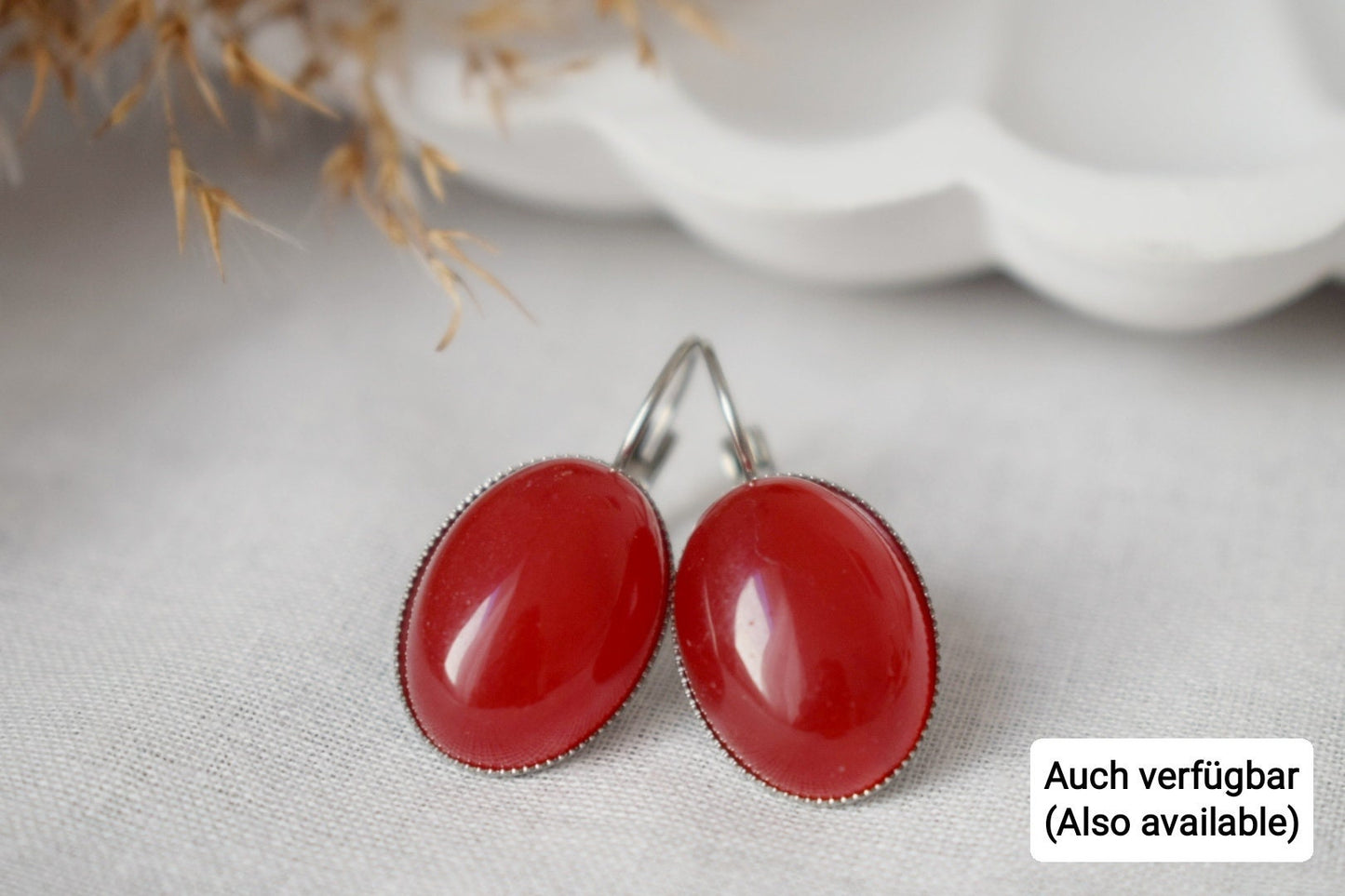 Red jade earrings, Gemstone dangle earrings, Oval pendant, Red stone, Statement hanging earrings, Stainless steel, Jewelry Gift for her