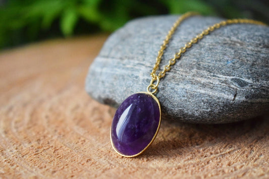 Amethyst pendant necklace gold for women, Oval, Gemstone, Purple stone, Amethyst, February birthstone, Handmade jewelry, Gift for her