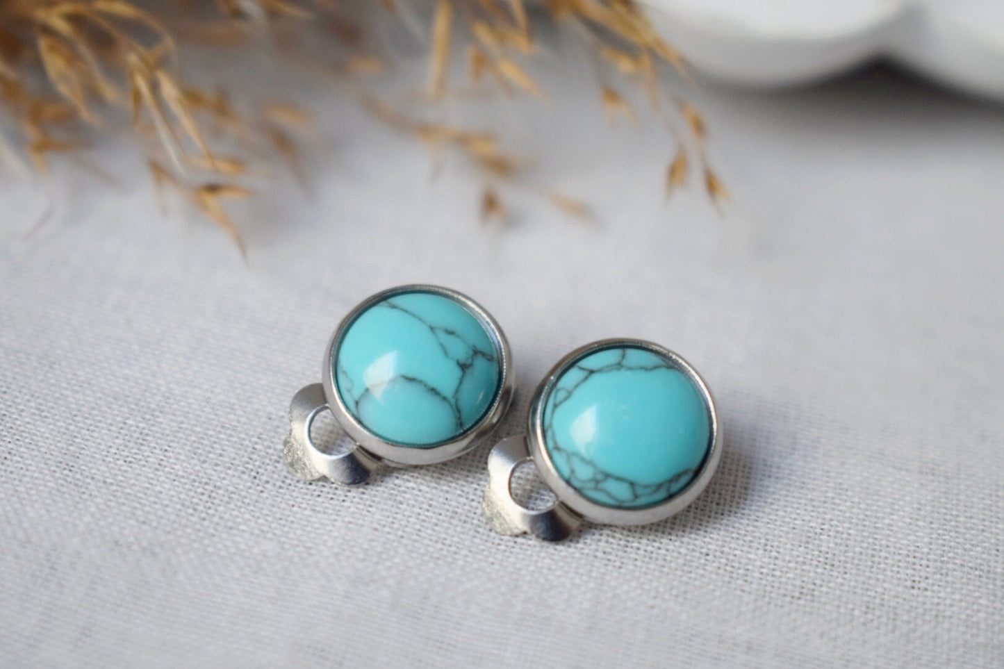Clip on earrings turquoise, Blue gemstone ear clips for women, Surgical stainless steel non pierced earrings, Lightweight handmade jewelry