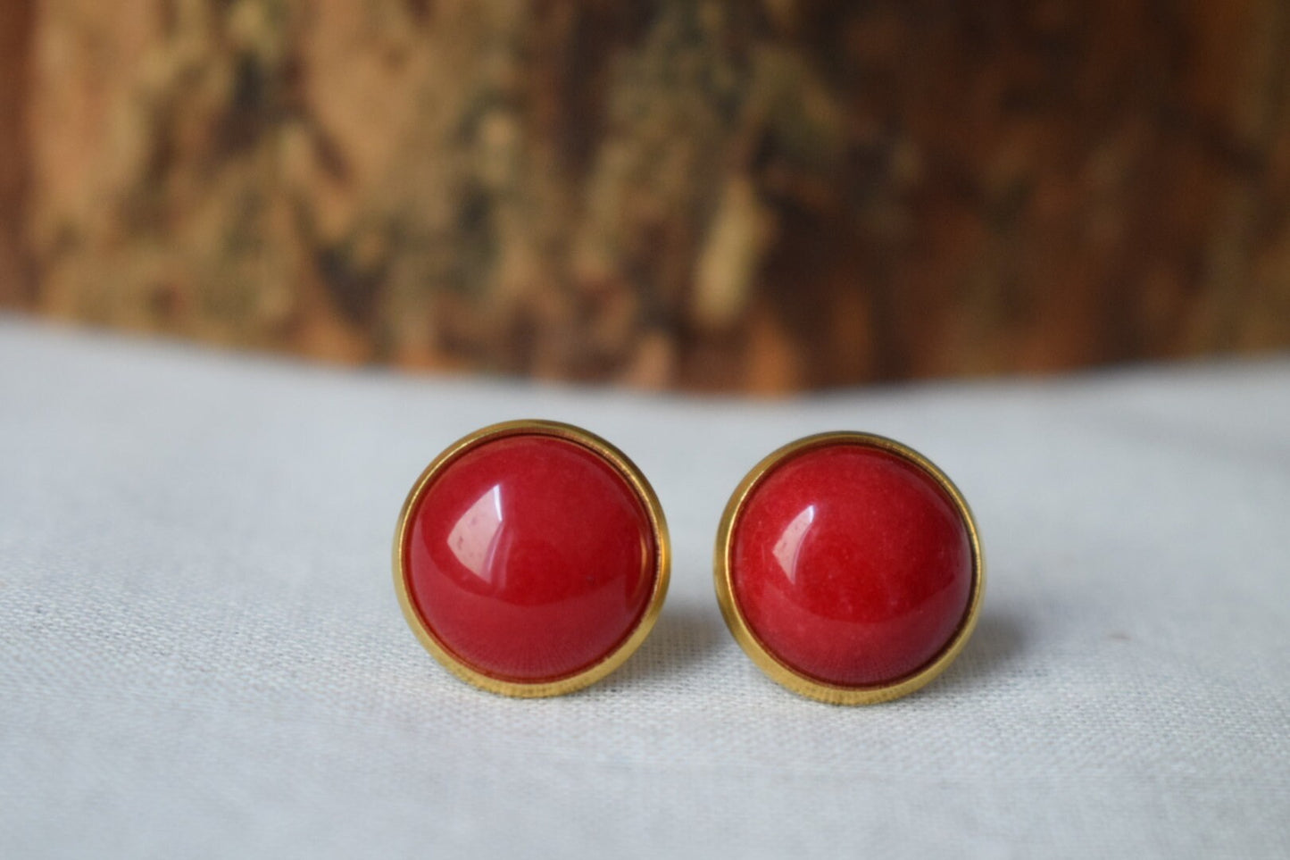 Red Jade Stud Earrings Gold, Gemstone Earrings, 12mm Red Stone Earrings, Red Studs, Jade Jewelry, Push-back, Birthday Anniversary Gift Her