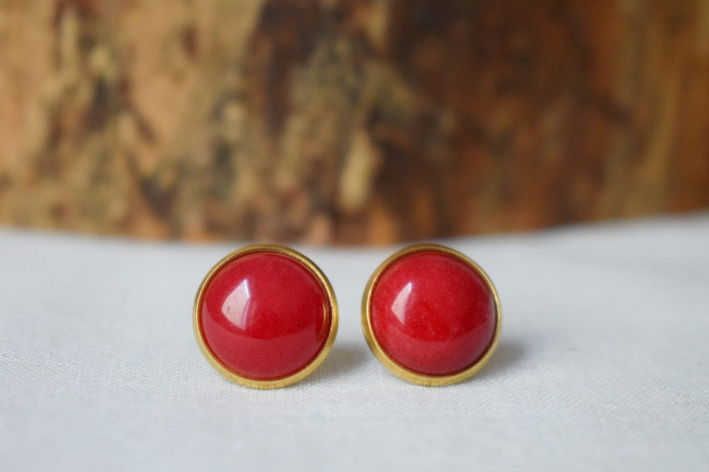 Red Jade Stud Earrings Gold, Gemstone Earrings, 12mm Red Stone Earrings, Red Studs, Jade Jewelry, Push-back, Birthday Anniversary Gift Her