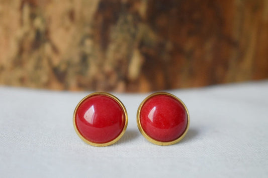 Red Jade Stud Earrings Gold, Gemstone Earrings, 12mm Red Stone Earrings, Red Studs, Jade Jewelry, Push-back, Birthday Anniversary Gift Her