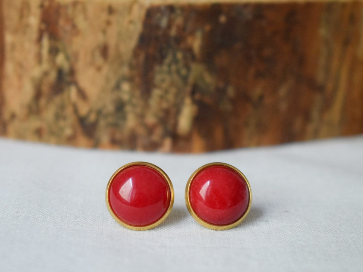 Red Jade Stud Earrings Gold, Gemstone Earrings, 12mm Red Stone Earrings, Red Studs, Jade Jewelry, Push-back, Birthday Anniversary Gift Her